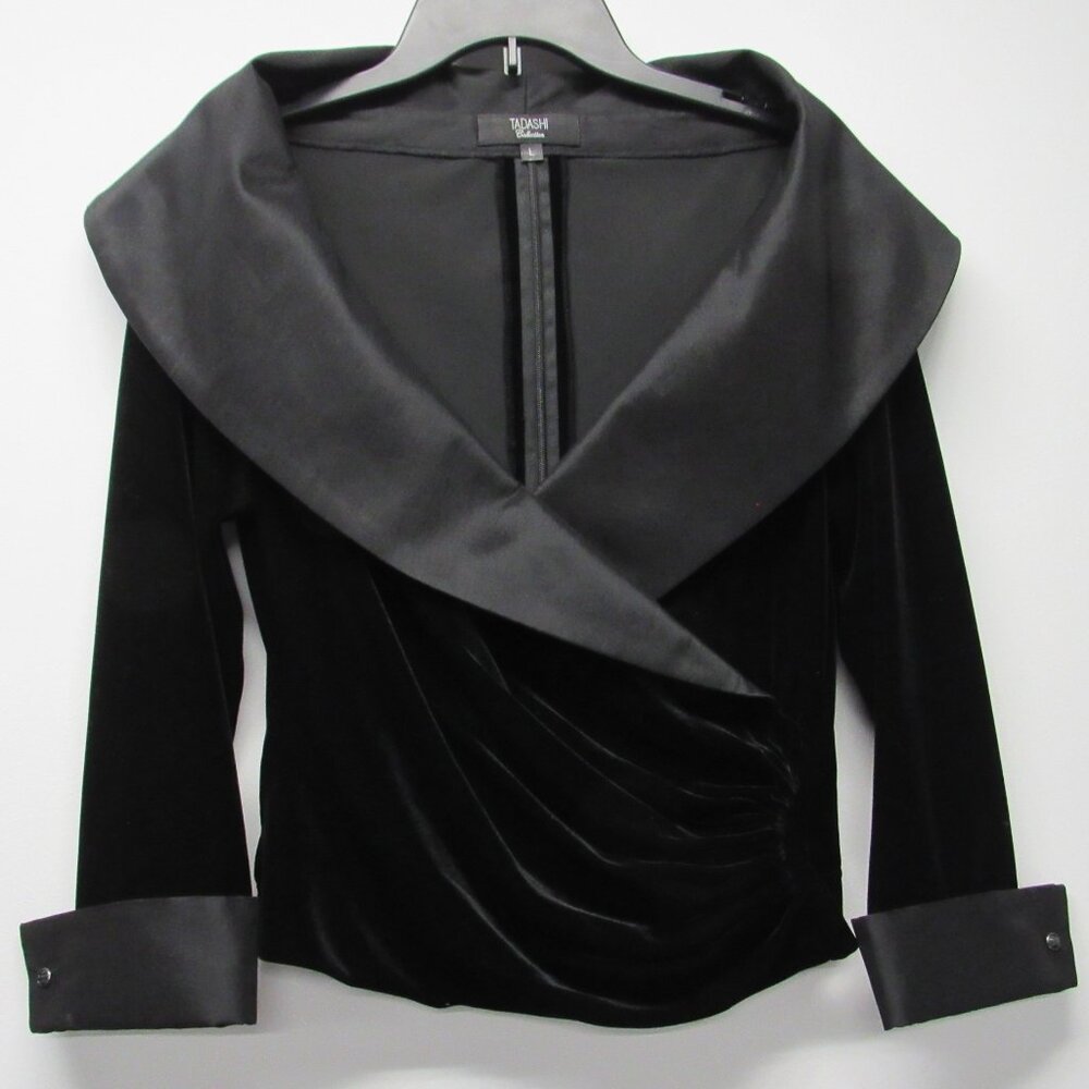 Tadashi Collection Black Velvet Velour Shawl Collar Ruched Evening Jacket sz L